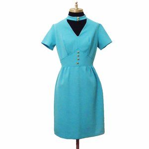 Vtg 60s Blue Textured Gold Buttons Dress XSmall
